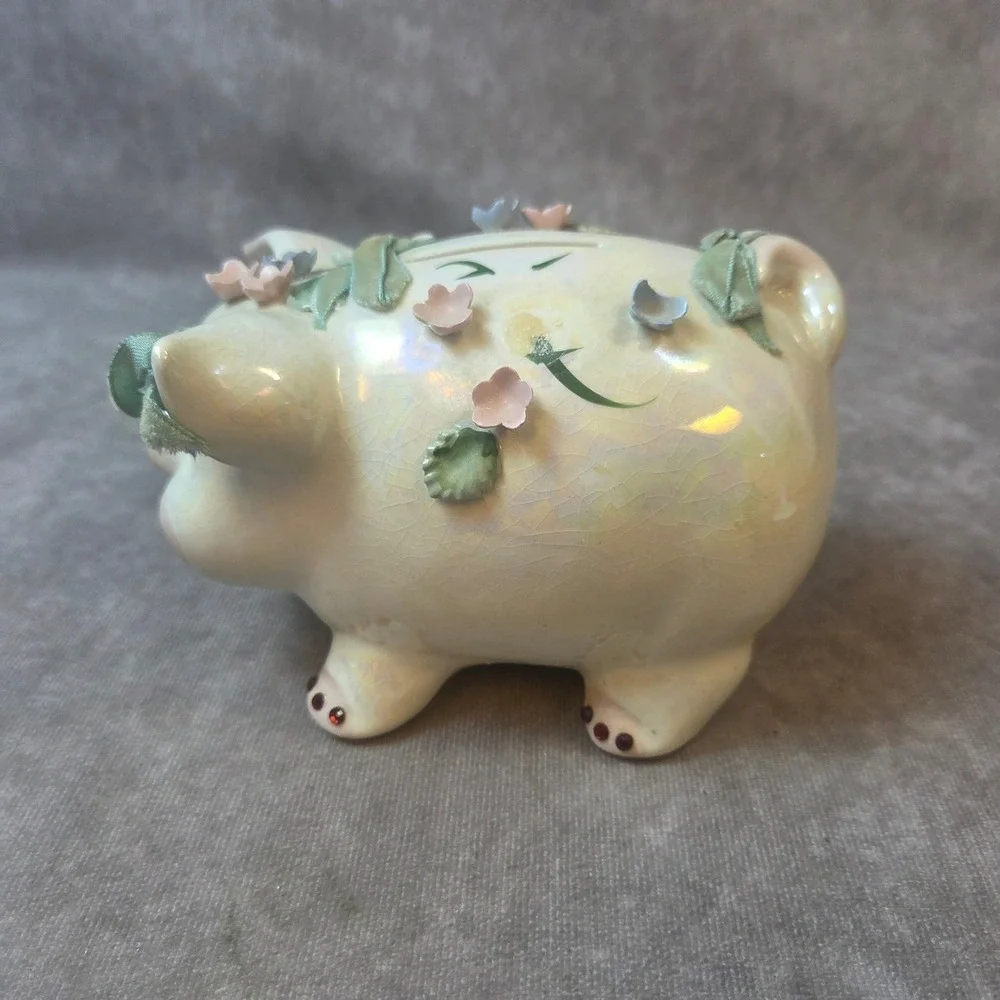 Vintage Iridesct. Ceramic Piggy Bank 3D Flowers Ribbon Lusterware Rhinestone Eye